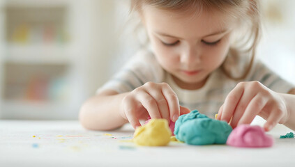 child is focused on playing with colorful modeling clay, showcasing creativity and concentration. vibrant colors and playful atmosphere create joyful scene