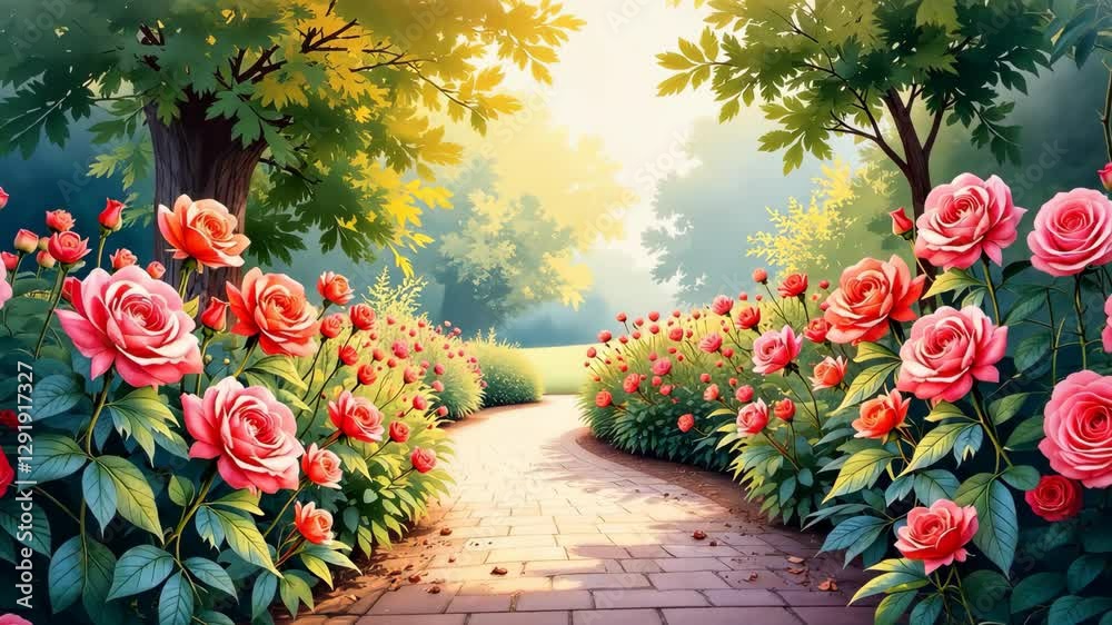 Poster a path with a tree and pink flowers. the flowers are in the foreground and the tree is in the backgr