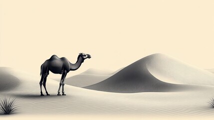Desert camel standing, dunes background, sepia tone, travel poster