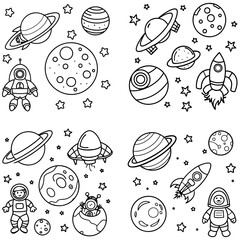 Solar System and Space Adventure Coloring Page for Kids, an educational space-themed coloring page featuring planets, astronauts, rockets, and the moon, aimed at teaching kids about the solar system