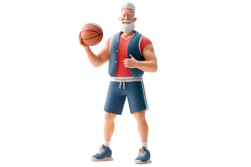A man in his 50s stands confidently, holding a basketball and showcasing a friendly expression. He wears a vibrant basketball jersey and shorts, embodying an active lifestyle