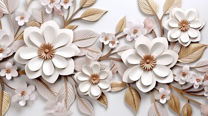 3D Seamless floral background with delicate leaves and flowers in an elegant ornamental pattern on a clean background