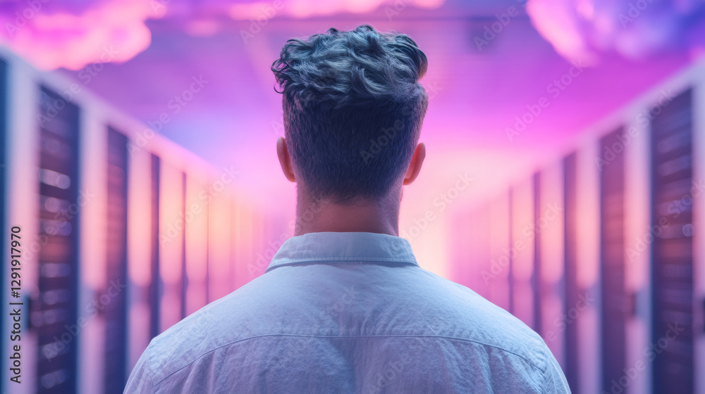 Aufkleber Technician admiring vibrant cloud computing lights while inspecting server racks in a modern data center, highlighting advanced technology