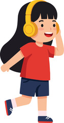 Fototapeta premium Happy girl with headphones walking joyfully in casual attire, showcasing a flat design style in vibrant colors, vector illustration