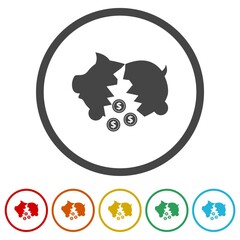 Broken piggy icon. Set icons in color circle buttons