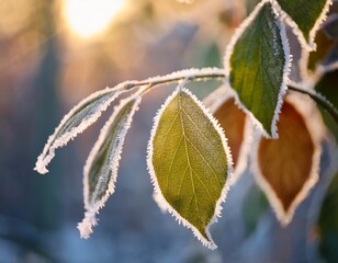 A close-up shot of leaves with frost clinging to their edges, but the warmer temperatures have started to melt the ice. The contrast between the frozen tips and thawing centers shows the changing