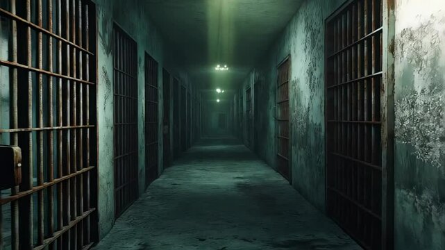 Dim lighting casting eerie shadows across long prison corridor, rusty metal bars of cells creating haunting atmosphere of confinement and isolation