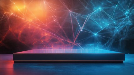 Futuristic platform with vibrant neon lights and network connections.