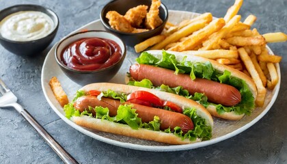 Casual Fast Food Platter: Hot Dogs, Chicken Strips, and Fries with Dipping Sauces