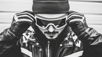 Caucasian male adult wearing motorcycle gear and goggles in black and white