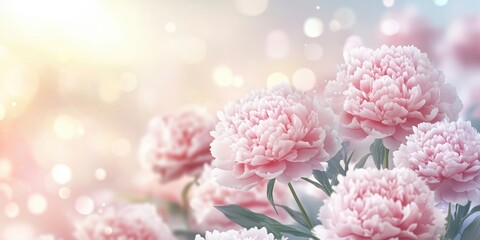 Fototapeta premium Beautiful blooming peonies bush with blurred background, copy space for spring banner and floral design