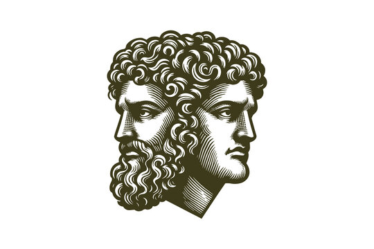 Janus god engraving, two faces, laurel wreath, vintage icon