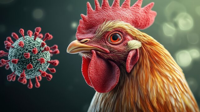 The close up shows a detailed view of a chicken's head alongside a virus particle, highlighting concerns about poultry health and disease transmission in farming environments