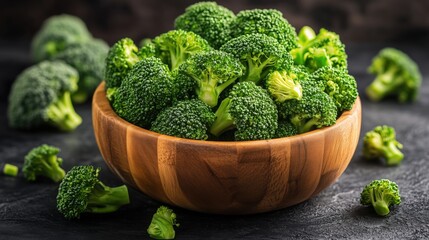 Freshly harvested broccoli fills a wooden bowl, emphasizing its vibrant green color and natural texture. Perfectly arranged, it reflects healthy eating habits and culinary delight