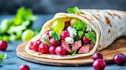 Flavorful steak wrap with grapes, goat cheese, and fresh herbs on a wooden board