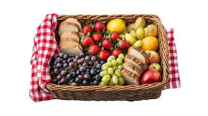 picnic basket filled with fresh fruits, sandwiches, and a blanket isolated on transparent background