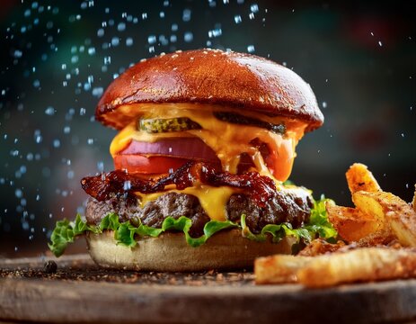 Fotograf&iacute;a de estudio profesional una hamburguesa de carne de vacuno a la parrilla, con queso cheedar fundido, aros de cebilla fino, tomate, pepinillo, acompa&ntilde;ada de patatas fritas crujientes