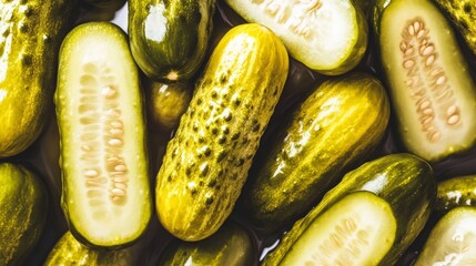 Fresh green pickles close-up with halved pieces showing juicy interiors