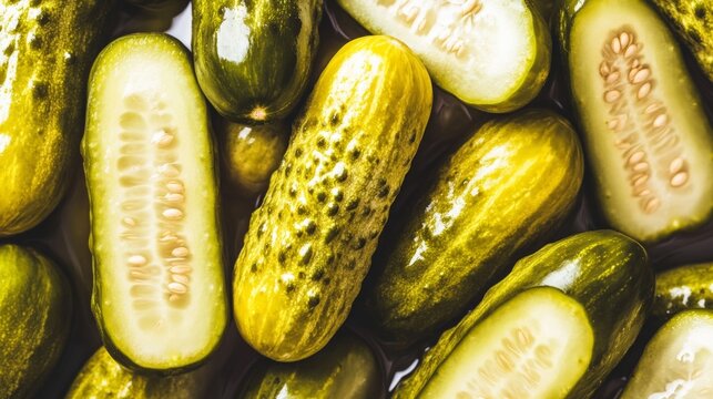 Fresh green pickles close-up with halved pieces showing juicy interiors