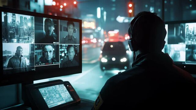 Professional security personnel wearing a headset monitors various surveillance feeds displaying potential suspects and busy city streets at night
