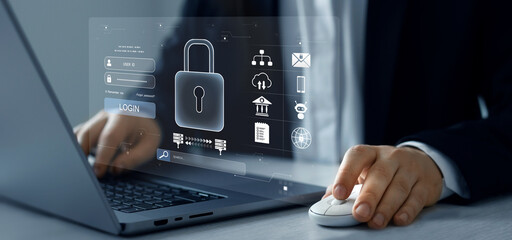 Financial data security,global network and digital business.Cybersecurity in digital age.Cyber security protection concept.Protecting herself from cyber attacks and personal data.