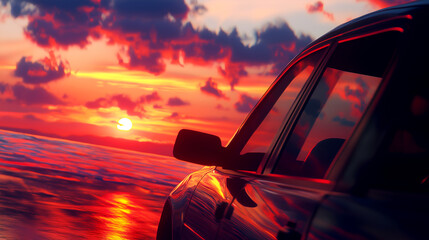Car driving along the beach at sunset with the sun setting over the horizon, capturing a scenic journey, dream holiday and beautiful travel memory