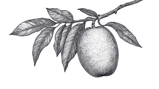 Sketch of a ripe mango hanging from a branch with detailed leaves, black and white botanical illustration in vintage engraving style. PNG