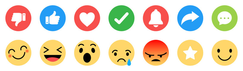 Collection of emoji reactions for social media. Like, dislike. heart, share, comment and more icon set for web. Vector illustration. Flat style.