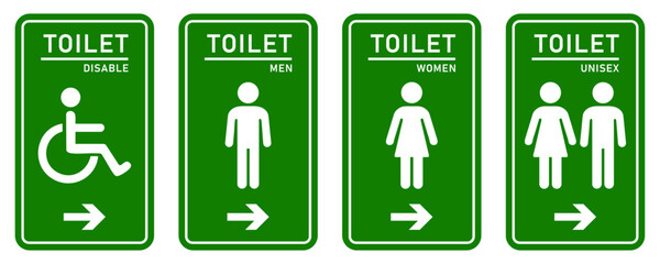 Toilet icon collection. Men and women restroom and toilet icon sign with right arrow. Wc toilet signs symbol green and white color. isolated vector illustration. Flat style.