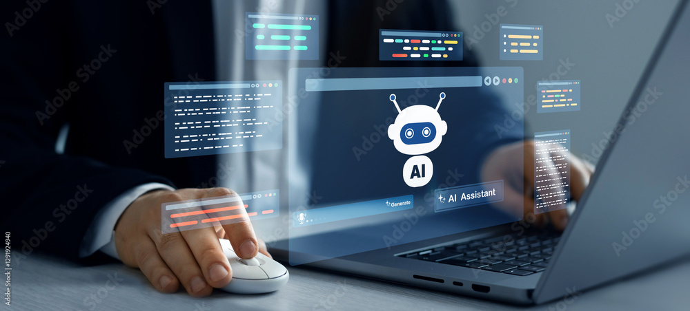 Poster artificial intelligence in work to help maximize efficiency in company.ai technology to solve some t