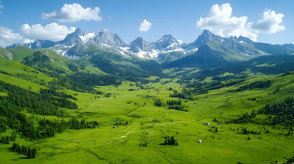 Obraz premium Mountain valley panorama, green meadows, snow-capped peaks, sunny day, travel postcard