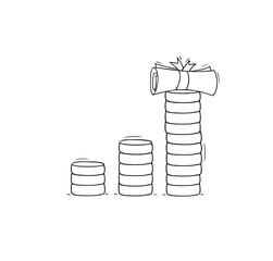 Scholarship concept with education certificate and money. Vector sketch icon of tuition grant, study cost in college or university. Doodle diploma and coins stacks