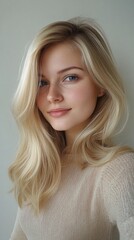 Naklejka premium Beautiful young blonde woman with natural makeup and glowing skin wearing beige sweater, soft studio lighting creates gentle shadows highlighting her radiant smile and wavy hair.