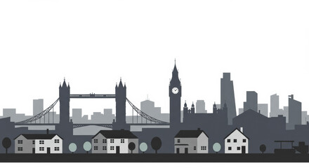 Naklejka premium A graphic novel- comic-style, illustration of a London urban suburb, with detailed streets and buildings, set against the iconic skyline of London City in the background.