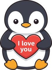 Obraz premium Cute penguin character holding a red heart with the phrase I love you, in a flat, minimal design style, vector illustration