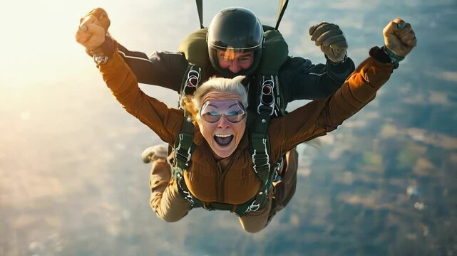 Happy elderly woman with gray hair and glasses experiences the thrill of tandem skydiving, arms outstretched in exhilaration as she descends through the sky with her instructor
