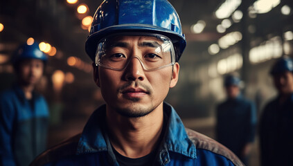 Portrait d'un ouvrier asiatique en gros plan portant un casque de sécurité bleu et des lunettes de protection, debout avec d'autres employés en arrière-plan dans une usine sidérurgique.