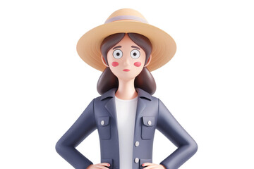 Fototapeta premium A woman in her 30s, wearing a sun hat and summer travel attire, displays a thoughtful expression while exploring a city against a clean white background