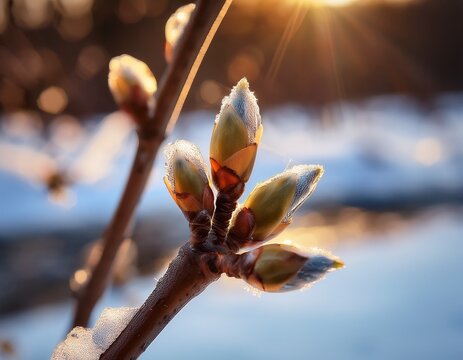 A close-up of early spring buds beginning to swell on tree twigs, with patches of melting snow in the background. The warmth of the late winter sun is evident, encouraging the buds to open