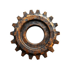 Close-up of an industrial metal gear with a rusty coating on a transparent background, png