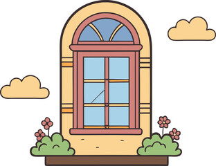 Illustration of an arched window with flowers and clouds on a sunny day