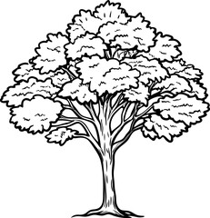 intricate tree illustration with detailed branches and foliage in black and white line art