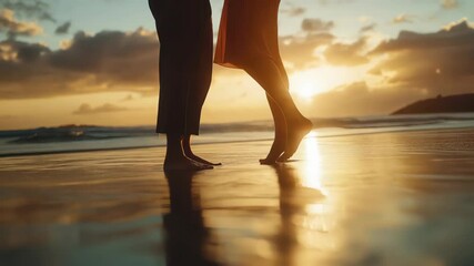Golden sunlight reflects on wet sand as a couple stands close, their legs intertwined as they share a tender kiss with the setting sun painting the sky in warm hues