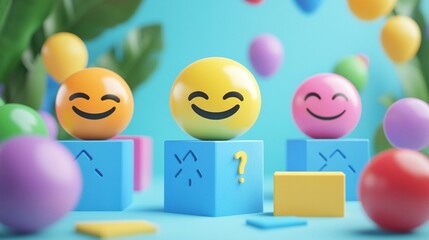 Colorful 3D render of cheerful emoticons sitting on blue cube platforms surrounded by floating balloons and leaves, creating a joyful and playful atmosphere.