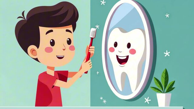 The boy smiles with a white-toothed smile, clutching a toothbrush in his hands, and looks in the mirror in the bathroom, from which a white tooth looks at him and smiles. The concept of brushing teeth