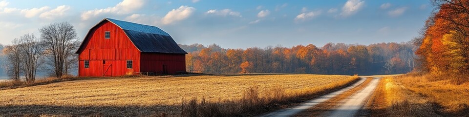 Cows graze peacefully in a green pasture surrounded by trees, Red barn sits on rolling hills in a peaceful countryside, with cows grazing nearby. blue sky surrounded by lush green fields.