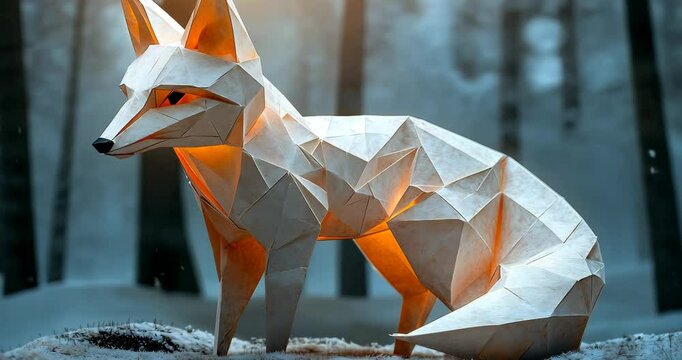 Low angle static shot: An origami fox glows in a snowy winter forest at dusk.