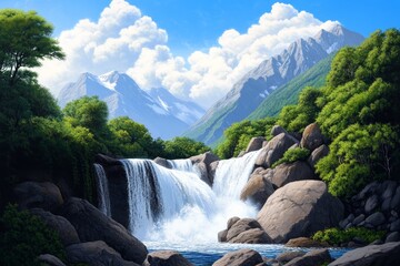 Fototapeta premium Majestic Mountain Waterfall Landscape - Serene waterfall cascading down rocky cliffs, nestled amidst lush greenery and majestic snow-capped mountains under a vibrant sky. Symbolizing peace