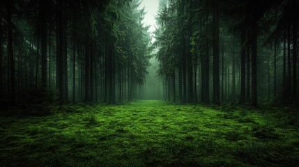 Obraz premium Misty forest path, moss, trees, nature, background for fantasy, tranquility