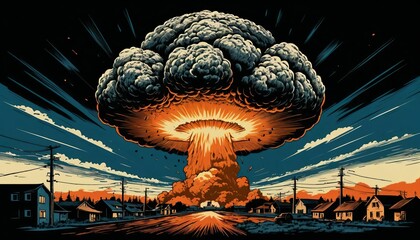 Dramatic Nuclear Explosion Art in Retro Style